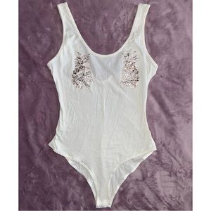 Y2K White Bodysuit w Rose Gold Pineapple